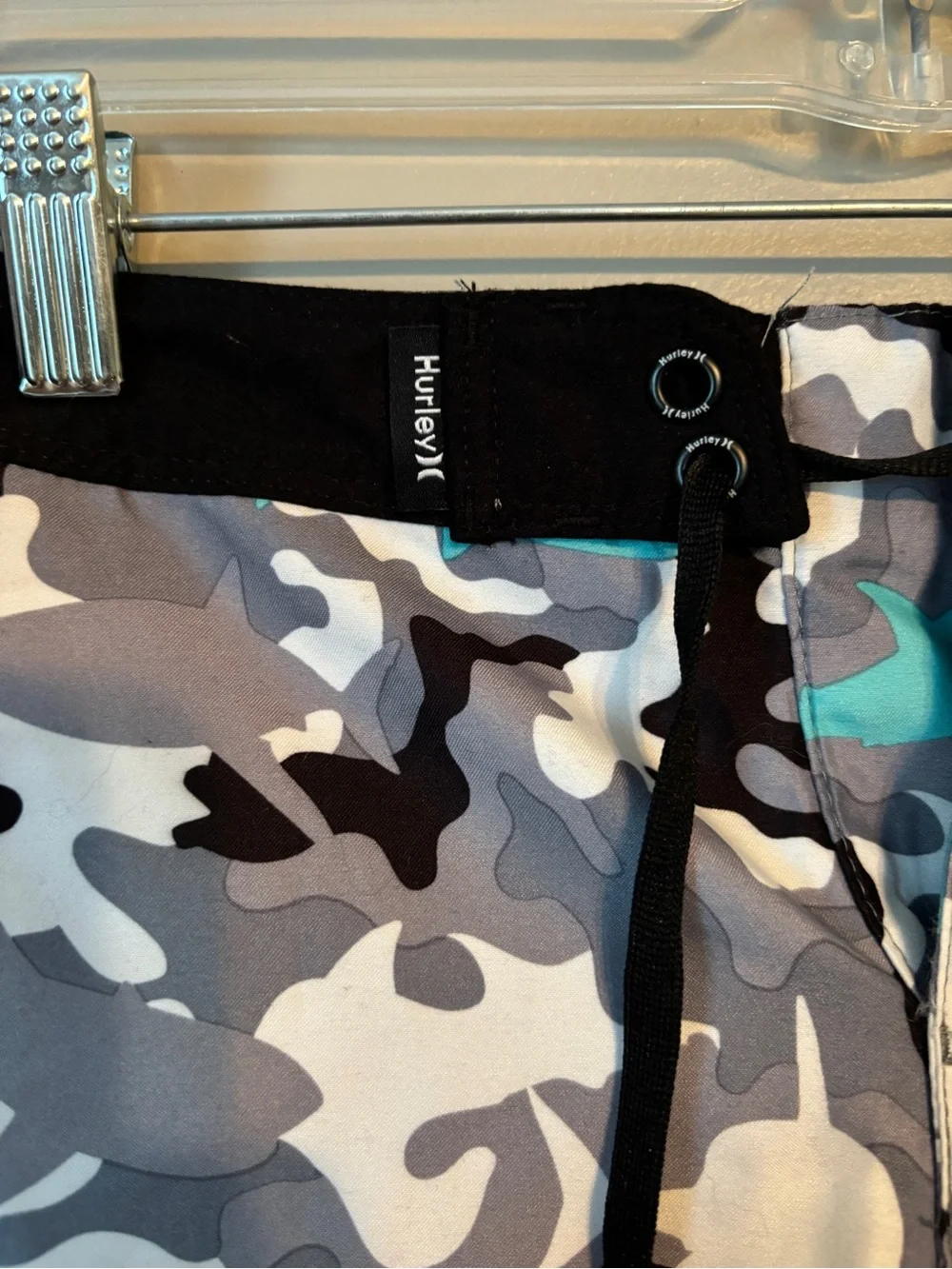Hurley kids Gray Camouflage Swim Shorts with Teal Shark Accents